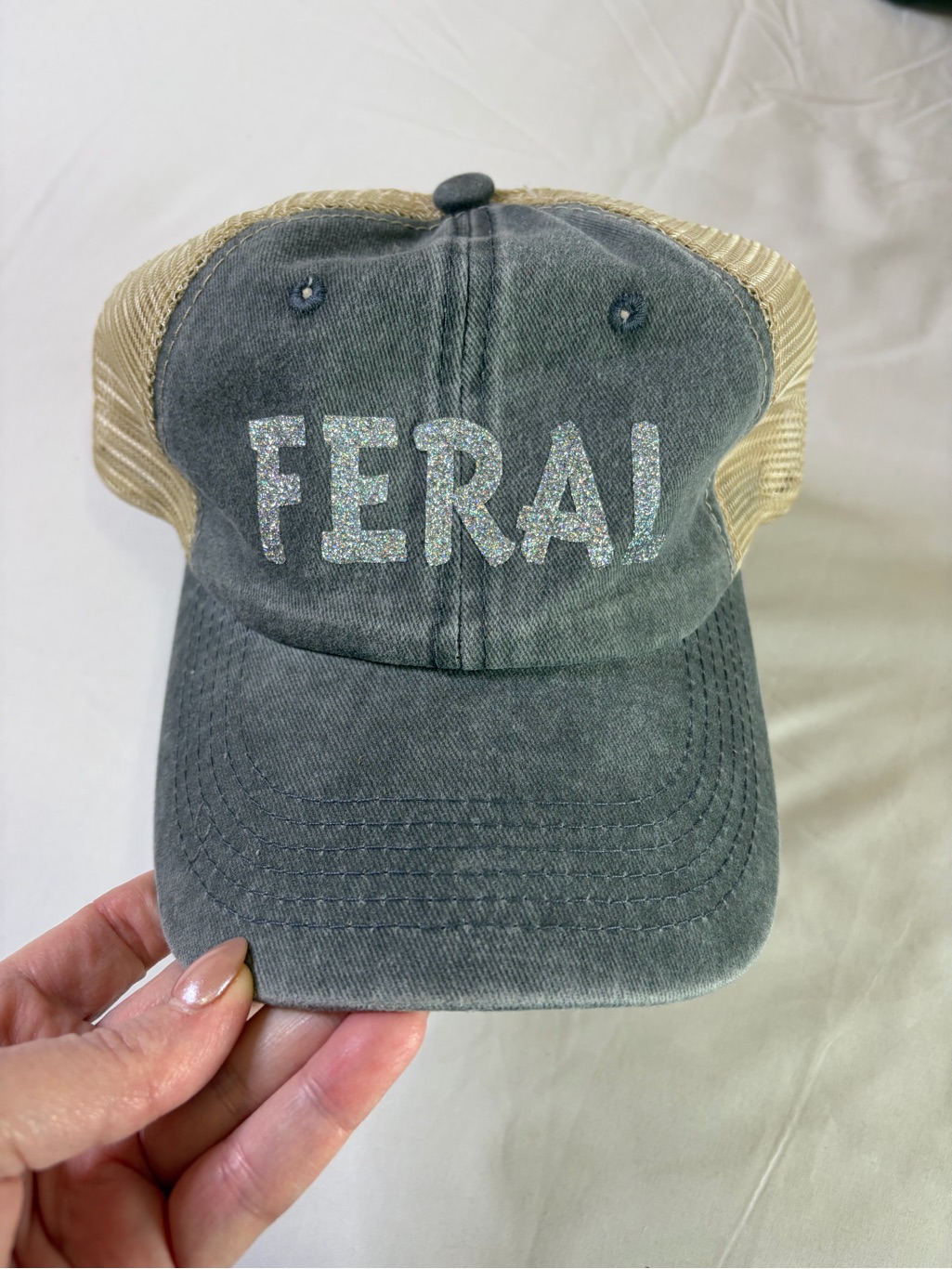 Grey 'Feral' Mesh Back Trucker Hat Women’s Glitter Cap Gray Distressed